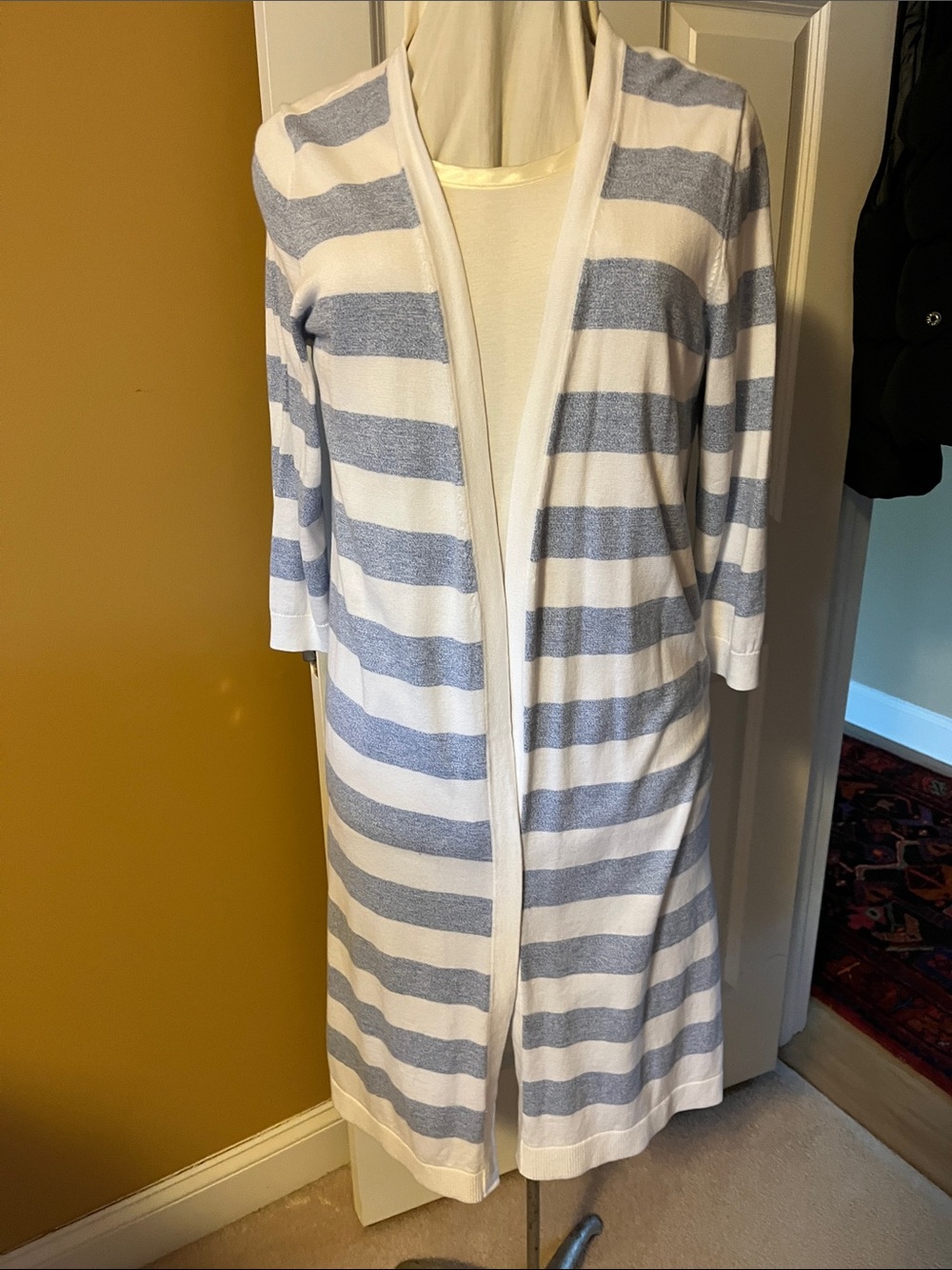 Talbots Cotton White and Light Blue Striped long Open-Front Cardigan